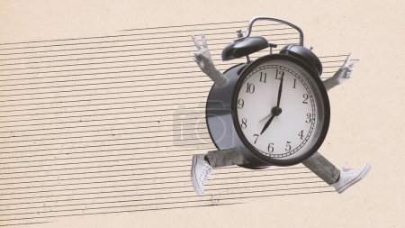 Photo for Cheerful alarm clock with human arms and legs running fast, deadlines concept, vintage style collage - Royalty Free Image