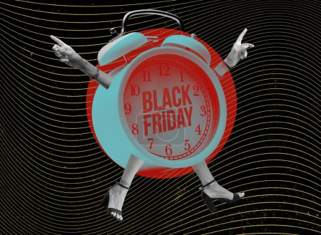 Téléchargez les photos : Publicité de vente Black Friday avec heureux personnage féminin réveil, collage de style vintage - en image libre de droit