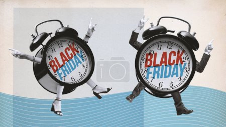 Photo for Black Friday sale advertisement with funny cheerful alarm clock characters, vintage style collage - Royalty Free Image