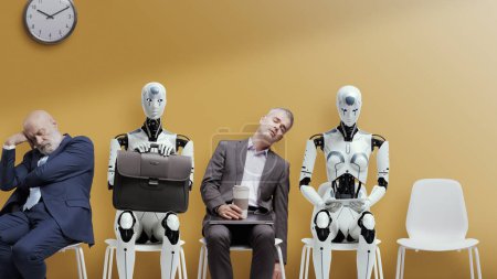 Solicitantes cansados y robot androide AI esperando la entrevista de trabajo