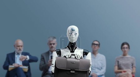 Foto de Gente de negocios y robot humanoide de IA sentado y esperando una entrevista de trabajo: IA vs competencia humana - Imagen libre de derechos