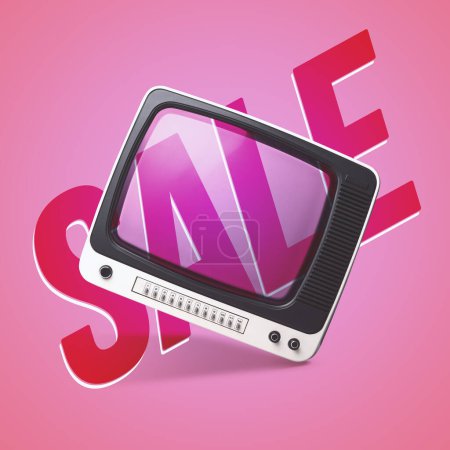 Anuncio de venta de compras en pantalla de televisión vintage