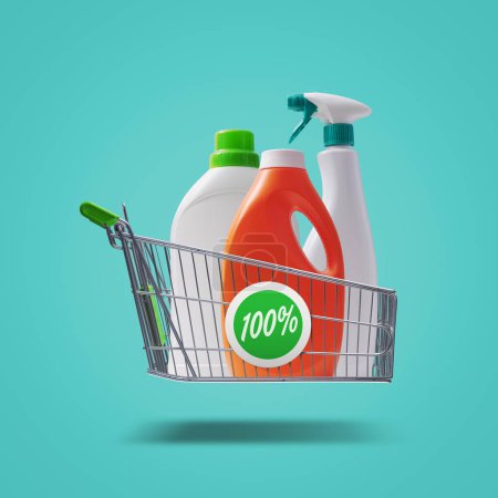 Téléchargez les photos : Detergent bottles in a flying shopping cart, household items and shopping concept - en image libre de droit