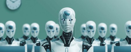 Viele identische KI-Roboter sitzen im Büro am Schreibtisch und arbeiten mit Computern, ein Roboter blickt in die Kamera: Künstliche Intelligenz und Robotisierungseffekte auf die Beschäftigung