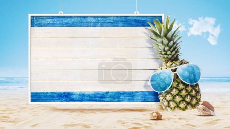 Photo for Cool pineapple with sunglasses and wooden sign hanging at the beach, summer vacations concept - Royalty Free Image
