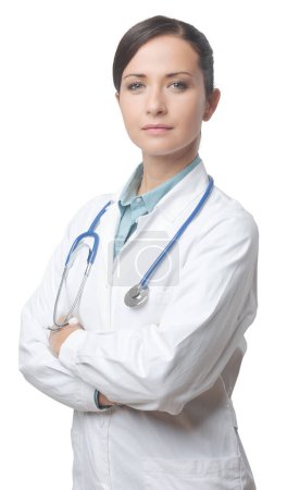Téléchargez les photos : Médecin souriant confiant posant avec blouse et stéthoscope
. - en image libre de droit