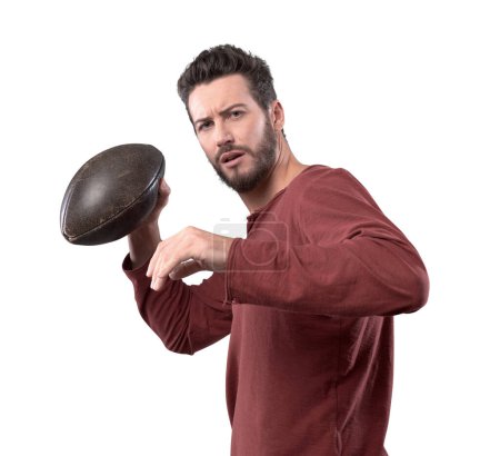 Photo for Young attractive football player playing with ball  on white  background - Royalty Free Image