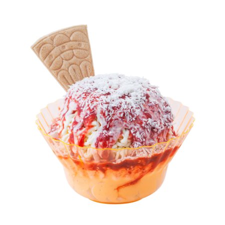 Photo for Delicious ice cream spaghetti sundae with wafer and toppings in a plastic cup - Royalty Free Image