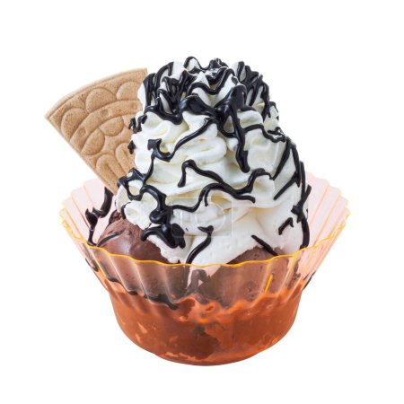 Photo for Delicious chocolate ice cream sundae with wafer and whipped cream in a plastic cup - Royalty Free Image