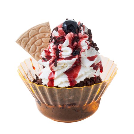 Photo for Delicious chocolate ice cream sundae with wafer and toppings in a plastic cup - Royalty Free Image