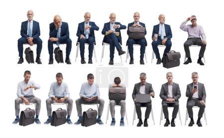 Téléchargez les photos : Homme d'affaires d'entreprise assis sur une chaise et attendant un entretien d'embauche, ensemble de portraits collage - en image libre de droit