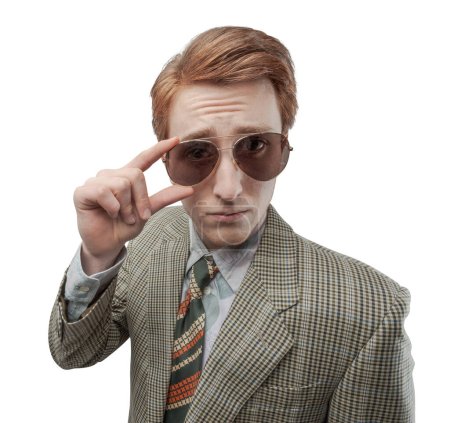 Photo for Funny vintage style guy adjusting his sunglasses and smiling - Royalty Free Image