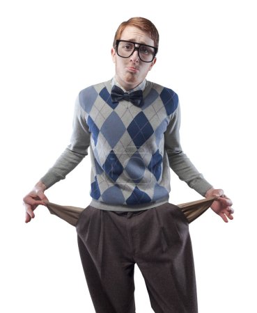 Photo for Funny nerd guy with big glasses, he is broke and has empty pockets - Royalty Free Image
