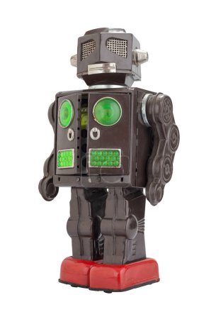 Téléchargez les photos : Robot jouet en étain vintage drôle avec bras mécaniques, concept de jouets vintage créatif - en image libre de droit