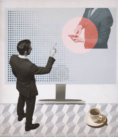 Téléchargez les photos : Hommes d'affaires utilisant ordinateur et smartphone, design de collage de style vintage - en image libre de droit