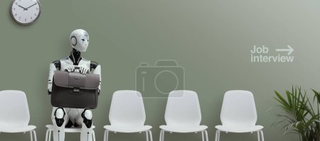 Téléchargez les photos : Robot androïde futuriste assis sur une chaise et attendant un entretien d'embauche, IA et concept d'innovation - en image libre de droit