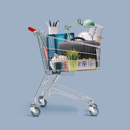 Téléchargez les photos : Panier plein de fournitures et accessoires de bureau : concept d'achat, de vente et de vente au détail - en image libre de droit