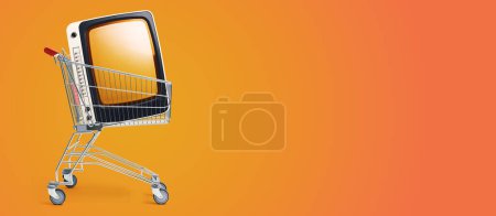 Photo for Vintage TV in a shopping cart: electronics and sales concept - Royalty Free Image