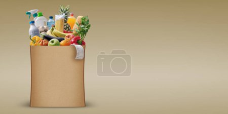 Assorted fresh groceries in a paper bag, grocery shopping concept