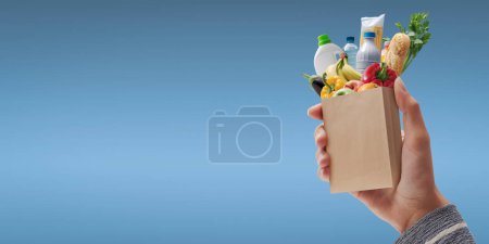 Foto de Customer holding a miniature paper bag with fresh groceries falling inside, grocery shopping concept - Imagen libre de derechos