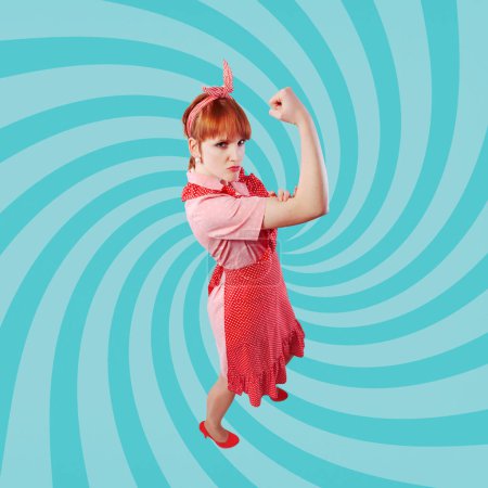 Photo for Confident strong vintage style housewife showing biceps and fist: women empowerment and feminism concept - Royalty Free Image