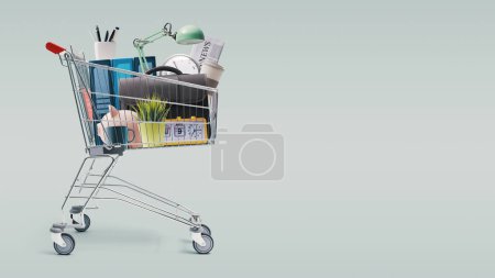 Foto de Carro de compras lleno de suministros y accesorios de oficina: compras, venta y concepto minorista - Imagen libre de derechos