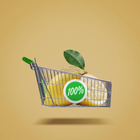 Photo for Flying shopping cart with fresh lemons, organic fruit and grocery shopping concept, copy space - Royalty Free Image