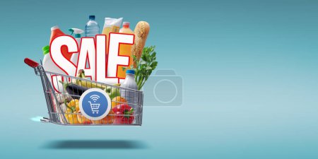 Photo for Fast rocket-propelled shopping cart flying and delivering fresh groceries on sale - Royalty Free Image