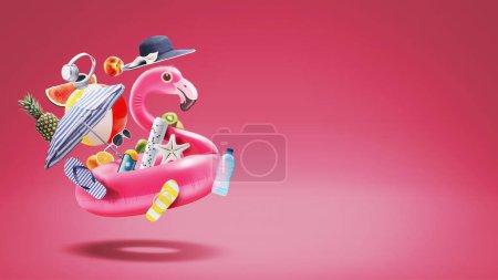 Téléchargez les photos : Accessoires gonflables heureux de flamant rose et de plage, concept de vacances d'été, espace de copie vierge - en image libre de droit