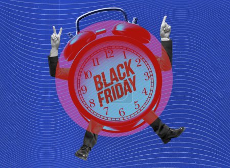Téléchargez les photos : Publicité de vente Black Friday avec personnage drôle de réveil vintage - en image libre de droit