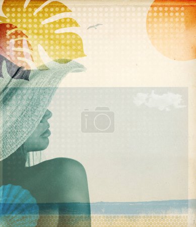 Vacaciones de verano en la playa, cartel de collage vintage con hermosa mujer joven
