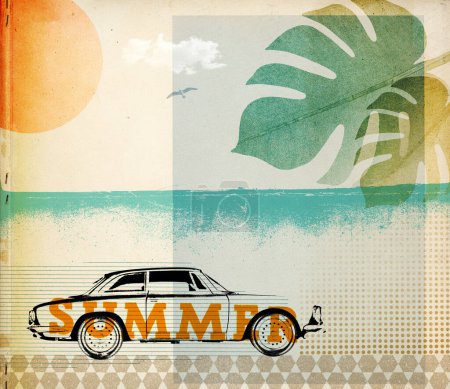 Foto de Vacaciones de verano collage de estilo retro con coche vintage y playa - Imagen libre de derechos