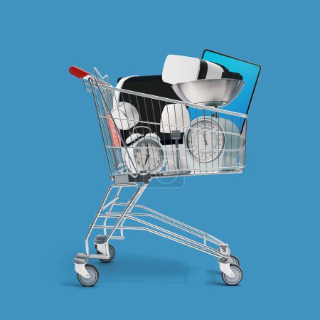 Photo for Shopping cart full of household appliances and electronics: shopping, sale and retail concept - Royalty Free Image