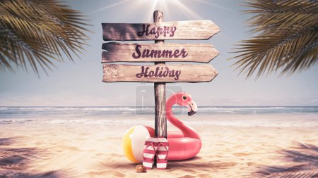 Photo for Happy Summer Holiday wooden sign on the beach with inflatable toys and palm trees - Royalty Free Image