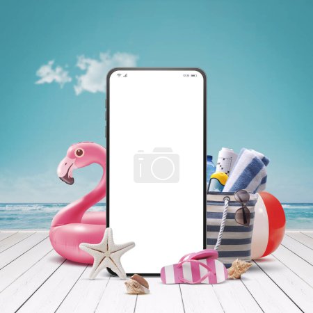 Foto de Smartphone con pantalla en blanco y accesorios de playa en la cubierta, vacaciones de verano y concepto de aplicación móvil - Imagen libre de derechos