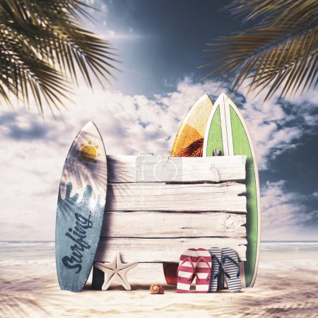 Photo for Old wooden sign on the beach, surfboards and beach accessories, summer vacations at the beach concept - Royalty Free Image