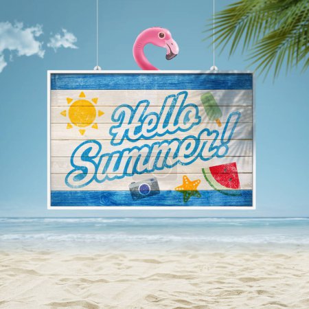 Photo for Hello Summer wooden sign at the tropical beach, summer vacations concept - Royalty Free Image