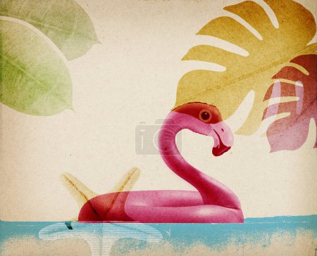 Foto de Collage de vacaciones de verano: flamenco rosa inflable flotando en el mar - Imagen libre de derechos
