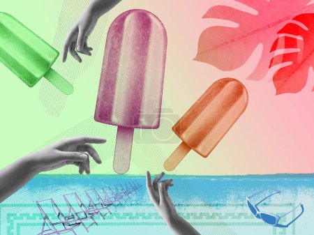 Téléchargez les photos : Summer vacations at the beach vintage collage: female hands, colorful popsicles and seaside - en image libre de droit