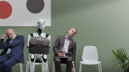 Foto de Solicitantes cansados y robot androide AI esperando la entrevista de trabajo - Imagen libre de derechos