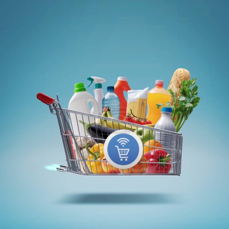 Foto de Fast rocket-propelled shopping cart delivering fresh groceries, online grocery shopping and express delivery concept - Imagen libre de derechos