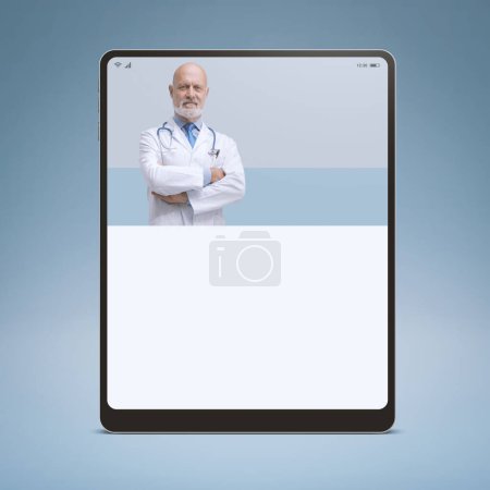 Photo for Professional doctor on digital tablet screen, online medical services app and telemedicine concept, blank copy space - Royalty Free Image