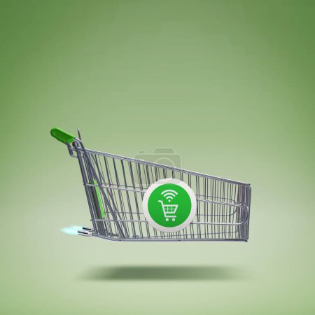 Foto de Fast rocket-propelled shopping cart, online grocery shopping and express delivery concept - Imagen libre de derechos