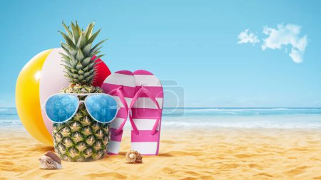 Photo for Funny pineapple with sunglasses sunbathing at the beach, summer vacations concept, copy space - Royalty Free Image