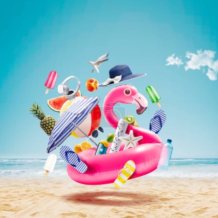 Foto de Feliz flamenco inflable que va a la playa tropical rodeado de artículos de playa, concepto de vacaciones de verano - Imagen libre de derechos