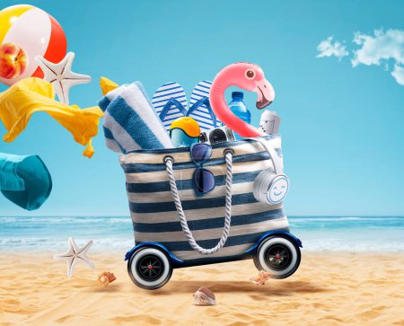 Drôle d'accessoires gonflables de flamant rose et de plage dans un sac avec des roues allant à la plage, concept de vacances d'été