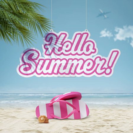 Photo for Hello Summer sign hanging and tropical beach and flip-flops - Royalty Free Image