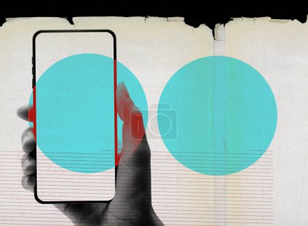 Photo for User holding apps on a touch screen smartphone, retro style collage with torn paper background - Royalty Free Image