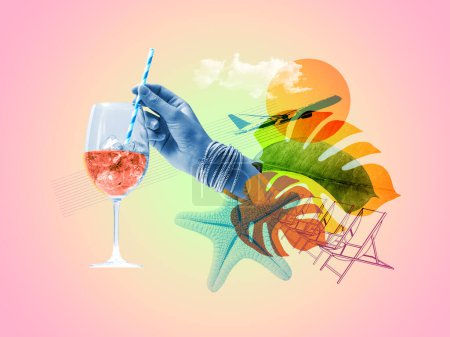 Photo for Summer vacations vintage collage art poster: woman having a cocktail and beach items - Royalty Free Image