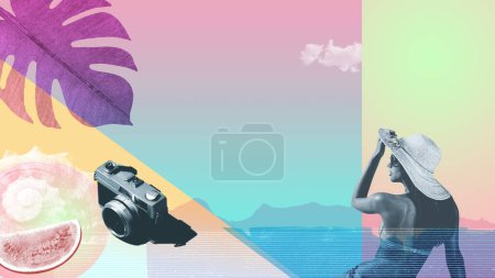 Téléchargez les photos : Vacances d'été affiche de collage vintage avec belle femme et appareil photo, espace de copie - en image libre de droit